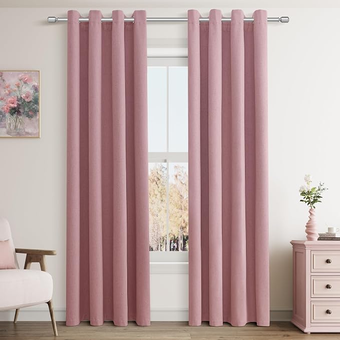 Jowels Blush Pink Linen Blackout Curtains 80 Length 2 Panels Set for Living Room Bedroom, 100% Black Out Thermal Insulated Linen Drapes, Room Darkening Grommet Curtains 80 Inches Long