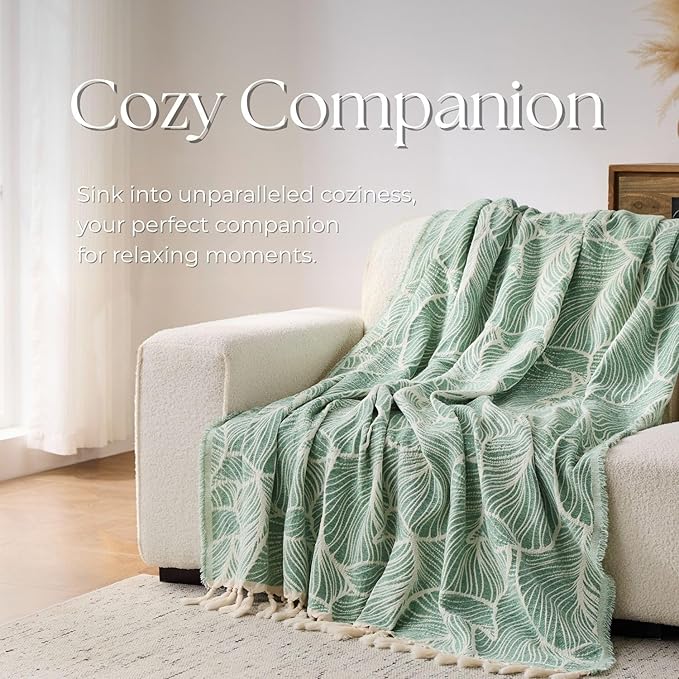 DOWN HOME Chenille Cotton Throw Blanket for Couch, Lightweight Boho Blanket for Bed Sofa Chair Living Room Outdoor Soft Woven Decorative Blanket with Tassel Gift Green Leaves 60"x80"