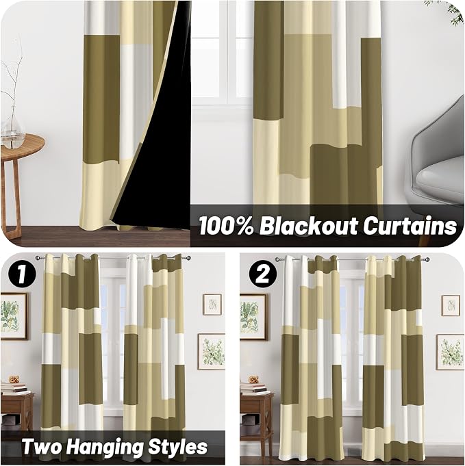 Tyrot Beige 100% Blackout Curtains for Bedroom 84 inch Long 2 Panels Set White Beige Modern Abstract Geometric Black Out Curtains Insulated Room Darkening Window Drapes for Living Room, 52Wx84L