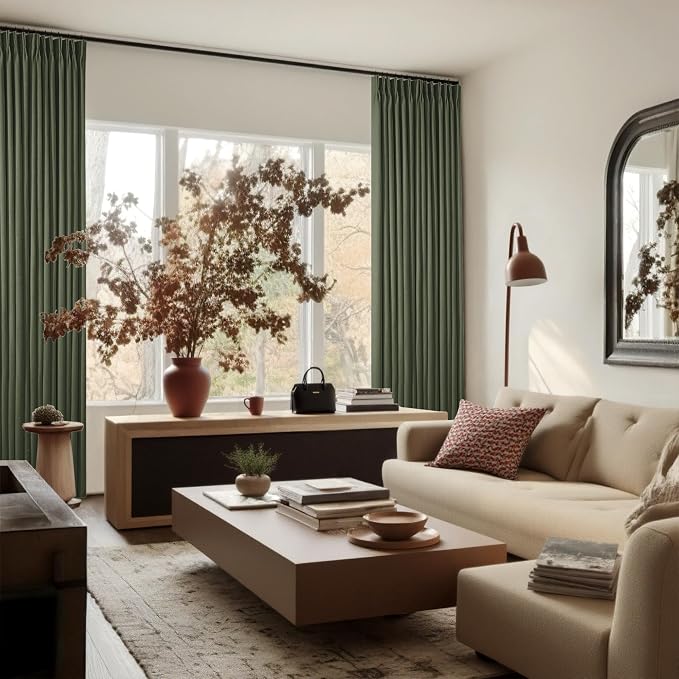 Olive Green Pinch Pleated 100% Blackout Linen Bedroom Curtains 96 Inch Length Double Layer Pleat Curtains Ring Hooks Back Tab Black Out Room Darkening Drapes 96 Inches Long Living Room Dark Green