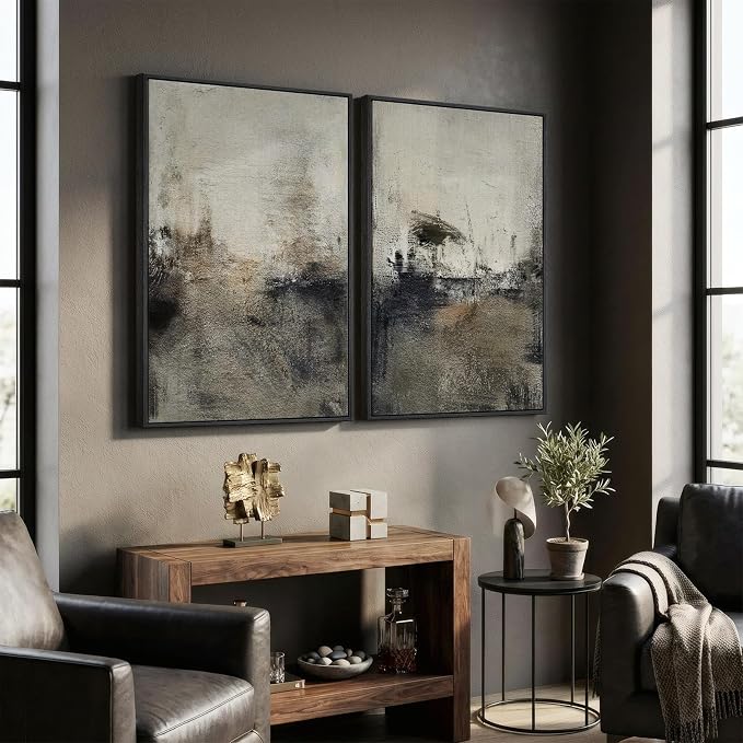 Large Framed Neutral Abstract Wall Art Set of 2 for Living Room, Wabi Sabi Modern Minimalist Black Grey Canvas Artwork for Walls, Rustic Abstract Painting Print Wall Decor for Bedroom Office, 24x36 In