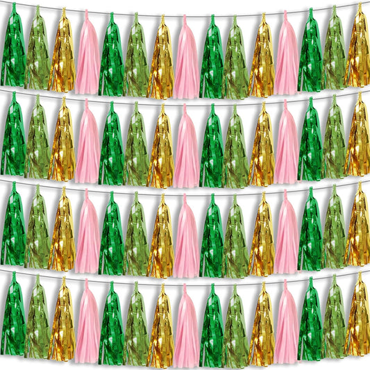 4P Sage-Green Pink-Gold Foil Fringe Metallic Tassel Garland, Tassels Banner Streamers for Parade Floats, Bachelorette, Wedding, Birthday, Halloween, Christmas, Bridal/Baby Shower Party Decorations
