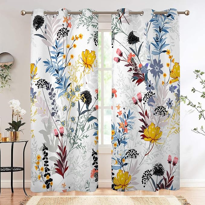 Renaiss Botanical Plants Blackout Curtains, Wild Flowers Plants Print Thermal Insulated Bedroom Window Curtains, Boho Floral Window Drapes for Living Room, 96" L x 42" W 2 Panel Set