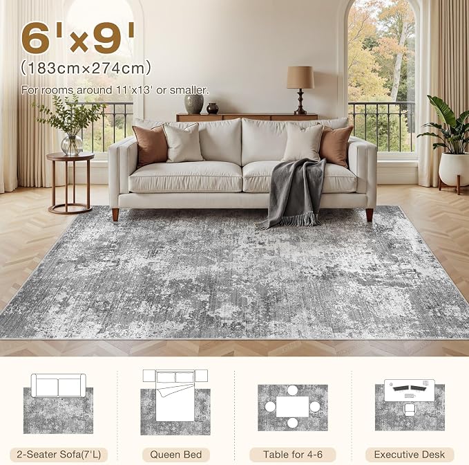 Area Rugs 6x9 Living Room: Washable Large Abstract Modern Neutral Soft Rug Stain Resistant Non-Slip Backing Carpet for Bedroom Dining Room Indoor Nursery Dorm Home Office Decor - Light Grey