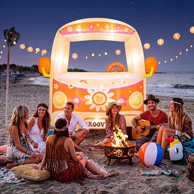 Soulchen 6FT Inflatable Hippie Bus with LED Lights and Powerful Blower Retro 60s 70s Boho Groovy Party Decoration Photo Booth Selfie Frame for Birthday Baby Shower Carnival