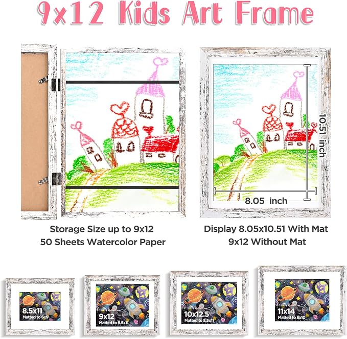 KINLINK 9x12 Kids Art Frame 2 Pack, Solid Wood Artwork Frames Changeable, Front Opening Hold 150 Pictures, Art Frames for Kids Artwork, 8.5x11 with Mat 9x12 without Mat, Picture Frames Rustic White