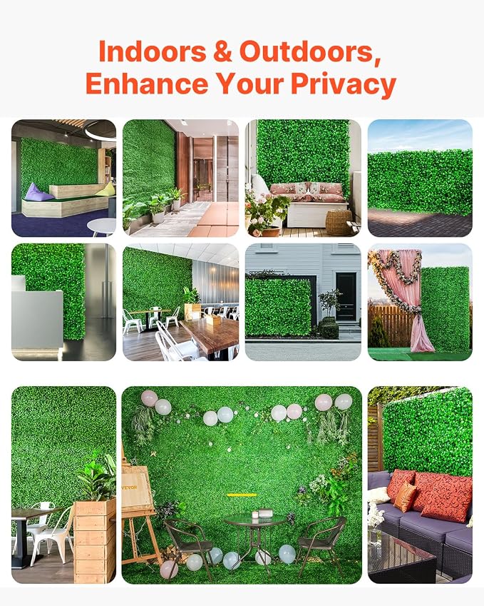 VEVOR Artificial Boxwood Panels 48pcs, 10 x 10 in Boxwood Hedge Wall Panel Artificial Grass Backdrop, 1.6 in Green Fake Grass Wall for Privacy Fence Decor Indoor Outdoor Garden Backyard