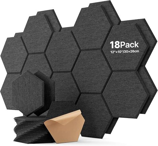 18 Pack Hexagon Acoustic Panels, Self-Adhesive Soundproof Wall Panels, High Density Acoustic Wall Panels, Sound Proofing Panels for Walls, Office, Recording Studio, Ceiling 12" X 10" X 0.4" Black
