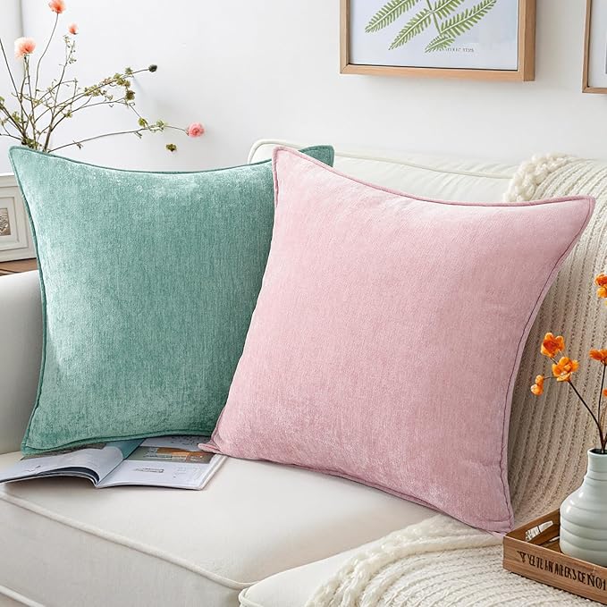 decorUhome Fall Couch Euro Sham Throw Pillow Covers 26x26 Set of 2, Decorative Soft Velvet Modern Cozy Chenille Pillow Cases with Elegant Design for Sofa Bed Living Room Home Decor, Aqua Haze