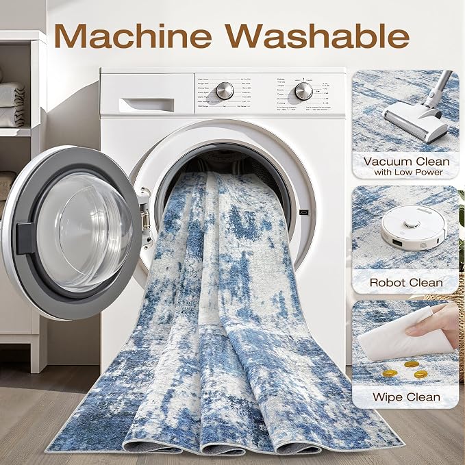 6x8 Area Rug Living Room: Washable Large Neutral Rug Abstract Soft Modern Stain Resistant Indoor Floor Non-Slip Carpet for Bedroom Nursery Kids Office Playroom Dining Room Under Table- Navy Gray