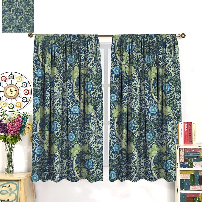 William Morris Floral Blackout Curtains, Country Farmhouse Flower Boho Retro Pattern Window Drapes, for Living Room Bedroom 31.5(W)*63(L) 2 Panels