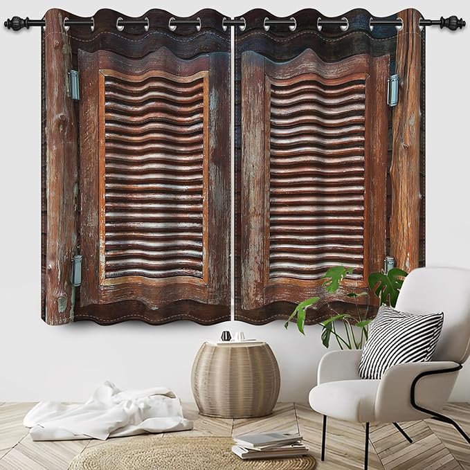Rustic Wooden Barn Door Blackout Window Curtains Wood Planks Farm Farmhouse Curtains Country Retro Western Vintage Brown Window Treatments Kitchen Bedroom Living Room Decor,53x45 inch,2 Panels