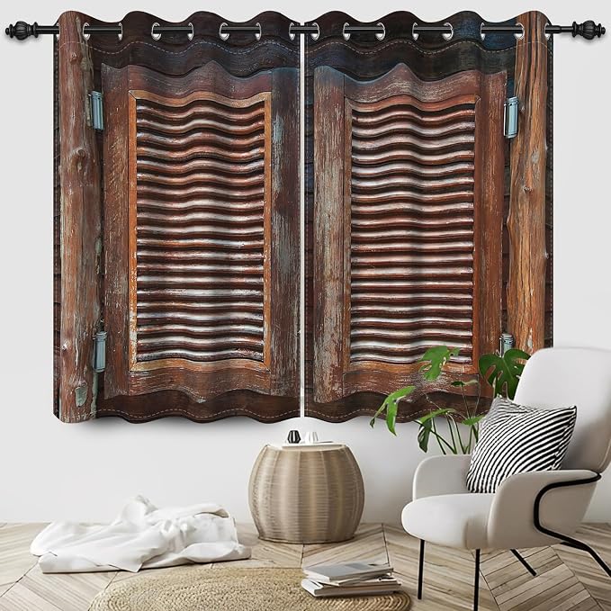 Rustic Wooden Barn Door Blackout Window Curtains Wood Planks Farm Farmhouse Curtains Country Retro Western Vintage Brown Window Treatments Kitchen Bedroom Living Room Decor,53x84 inch,2 Panels