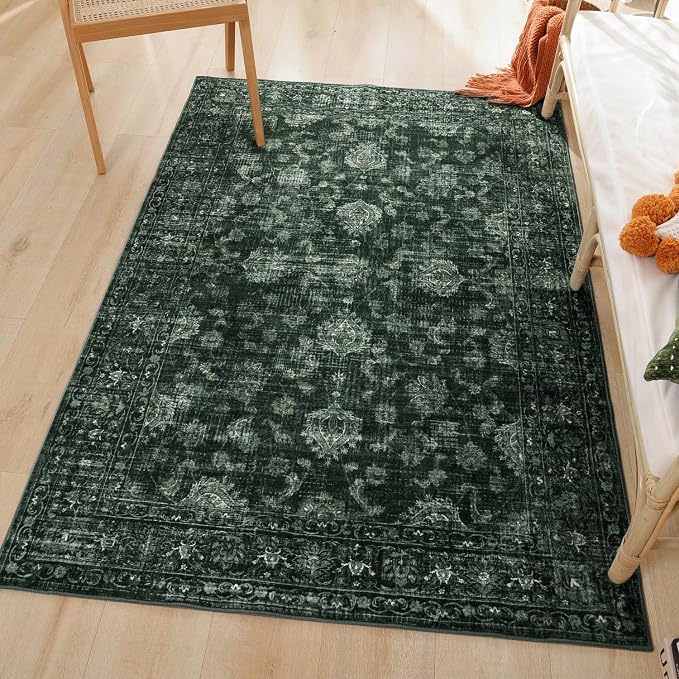 FROZZUR Boho Green Area Rug 3x5 Washable Vintage Rug for Bedroom Kitchen Dining Room, Non Slip Distressed Entryway Rugs for Home Office Decor Green