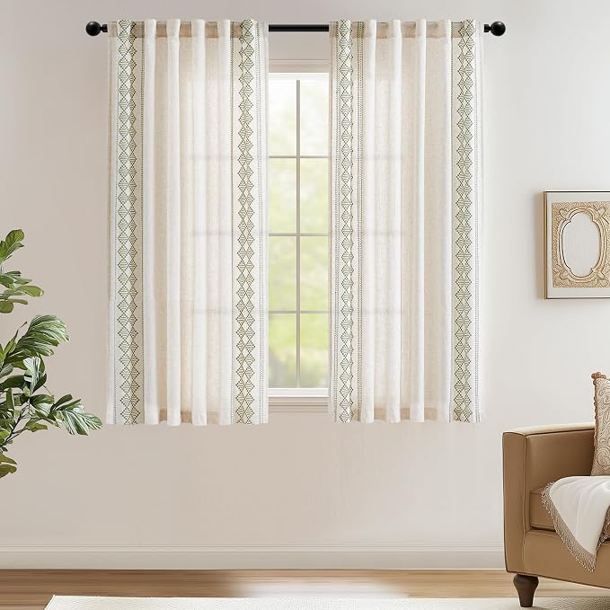 jinchan Boho Curtains Linen Blend Beige Farmhouse Curtains 63 Inches Long for Living Room Sage Green Square Embroidered Bordered Back Tab Bedroom Window Light Filtering Bohemian Drapes 2 Panels