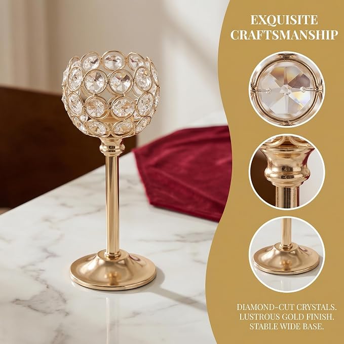 Crystal Candle Holders 4 Set of 12 - Gold Vintage Hollow Ball Candle Stand for Table Centerpiece, Crystal Metal Tealight Candlestick for Wedding, Dining Room Decor