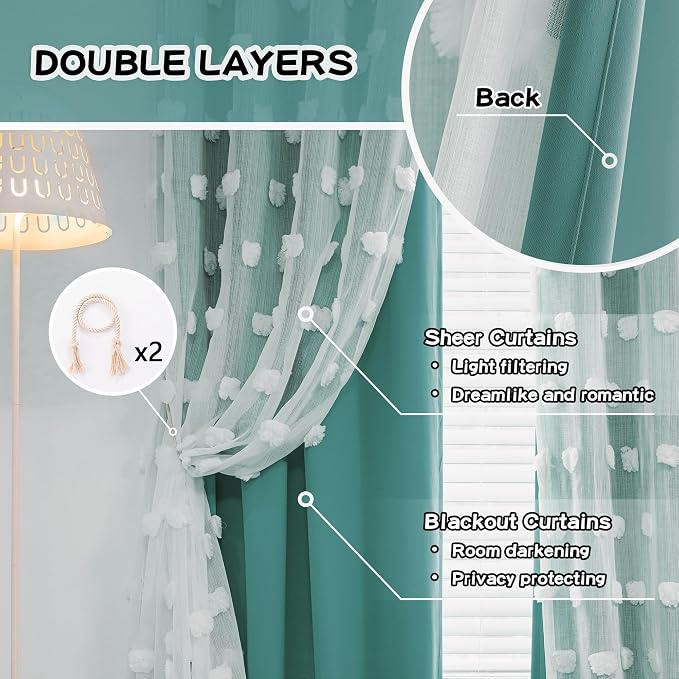 MYSKY HOME Kids Curtains for Boys Bedroom Room Darkening Grommet Double Layer Curtains for Son Room Decor 63 Inches Long White Pom Pom Sheer Blackout Curtains 2 Layers Teal 52 x 63 Inch 2 Panels