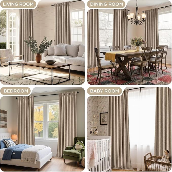 Joydeco Thick Linen Pinch Pleated Curtains 96 Inch Long 2 Panel Set for Living Room, Double-Faced Curtain for Bedroom, Back Tab Blackout Drapes with Adjustable Hooks (40”W x96”L,Thick Linen)