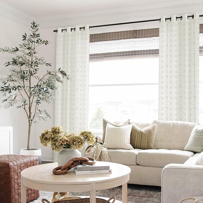 63 Inch Length Striped Linen Semi Sheer Curtains for Living Room, Tan Boho Farmhouse Curtains for Bedroom Dining Room Kitchen 2 Panel Set