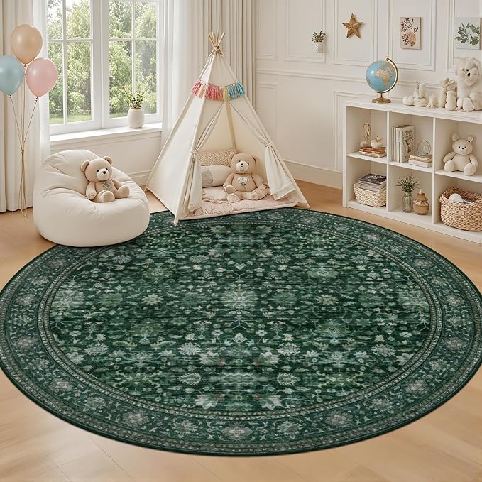 Round Area Rug for Living Room: 6ft Washable Vintage Boho Soft Thin Circle Rug Indoor Floor No Slip Stain Resistant Carpet for Bedroom Dining Room Farmhouse Nursery Home Office - Deep Green