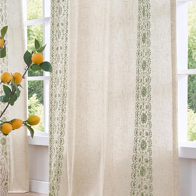 jinchan Weslie Boho Lined Linen Curtains for Living Room Sage Green Vintage Floral Farmhouse Curtains 108 Inches Long Linen Drapes for Bedroom Embroidered Extra Long Drapes Sage 2 Panels