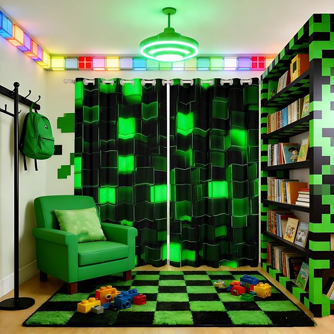 Castle Fairy 3D Green Block Window Curtain | Video Games Window Drapes for Adult Bedroom Decor,Miners Gaming Blackout Curtains Pixel Geometric Grid Living Room Top 2 Panels,52Wx84L