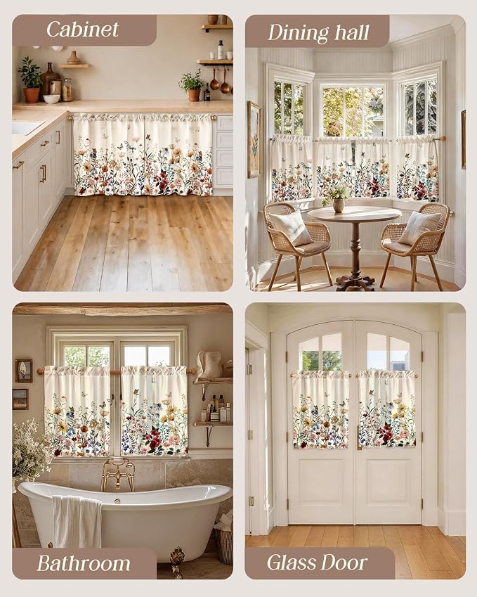 Miss Adola Floral Kitchen Tier Curtains - 30 Inch Length Linen Blend Farmhouse Cafe Curtains Vintage Small Window Treatments Over Sink Rod Pocket for Bathroom Living Room Light Filtering, 2 Panels
