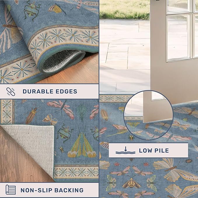 Blue Washable Kids Playroom Rug - 5x7 Area Rugs for Nursery Baby Boy, Bedroom, Living Room, Toddler Boy Room Decor, Cute Animals Print Carpet, Super Soft Non Slip Stain Resistant