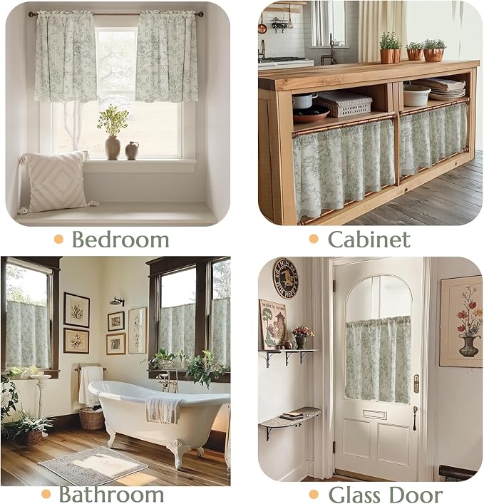 jinchan Floral Linen Tier Curtains Floral Sage on Beige Cafe Curtains 24 Inch Length Kitchen Living Room Bedroom Bathroom Farmhouse Rustic Country Rod Pocket 2 Panels