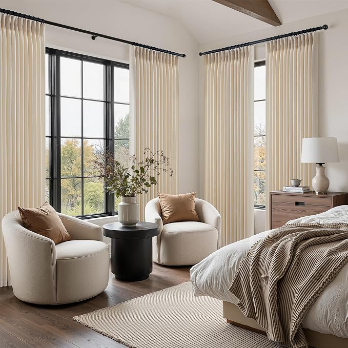 105 Inch Curtains 2 Panels Set,Two Packs Pinch Pleat Back Tab Linen Window Semi Sheer Privacy Thick Decorative Curtain Drapes for Living Room Bedroom,40x105 in Long,Beige
