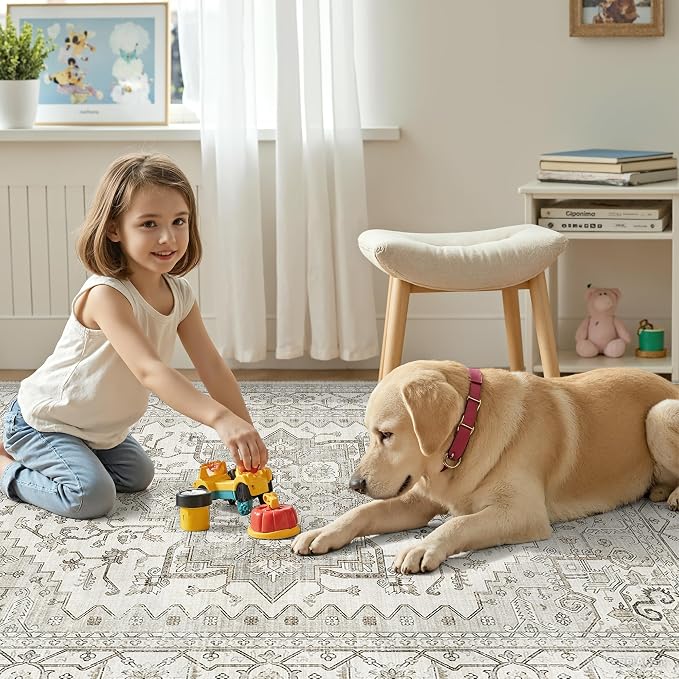 Runner Rug 2'x6' Washable Vintage Area Rugs for Hallway Non Slip Laundry Rug Runner Boho Floor Carpet Runners for Entryway Laundry Room Kitchen Bathroom (2'x6',Beige)