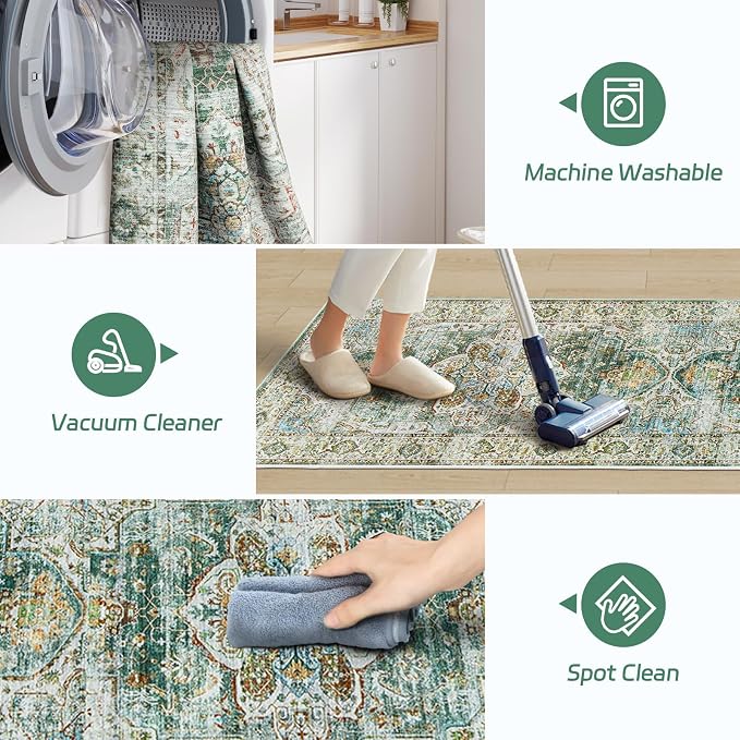 Madane Kitchen Runner 2'6''x8' Soft Rug Runners for Hallways, Green | Vintage Machine Washable Printed Rugs 2.5x8 Ft, Non-Slip Low Pile Stain-Resistant 8ft Floor Carpet for Laundry Room, Corridor