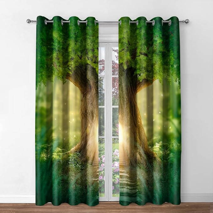 Jekeno Fantasy Forest Tree Blackout Curtains Magic Tree Hole House Print Drapes Decor Home Bedroom Nursery Dorm Apartment Living Room Darkening Grommet Window Treatments 2 Panel Set, 52x84 Inch