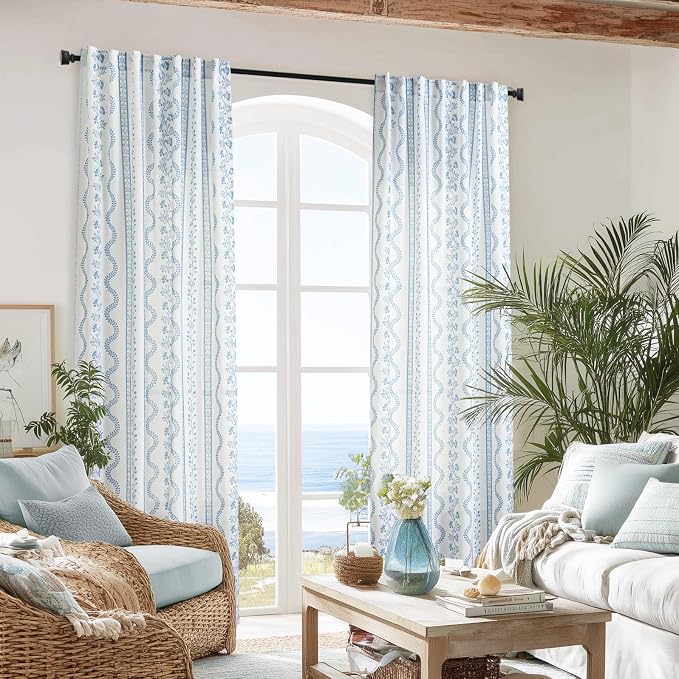 Coastal Curtains for Living Room Bedroom,Light Blue and White Floral Striped Farmhouse Linen Printed Sheer Patterned Beachy Summer Curtains for Beach Room Decor,50 x 84 Inch Length 2 Panels Set