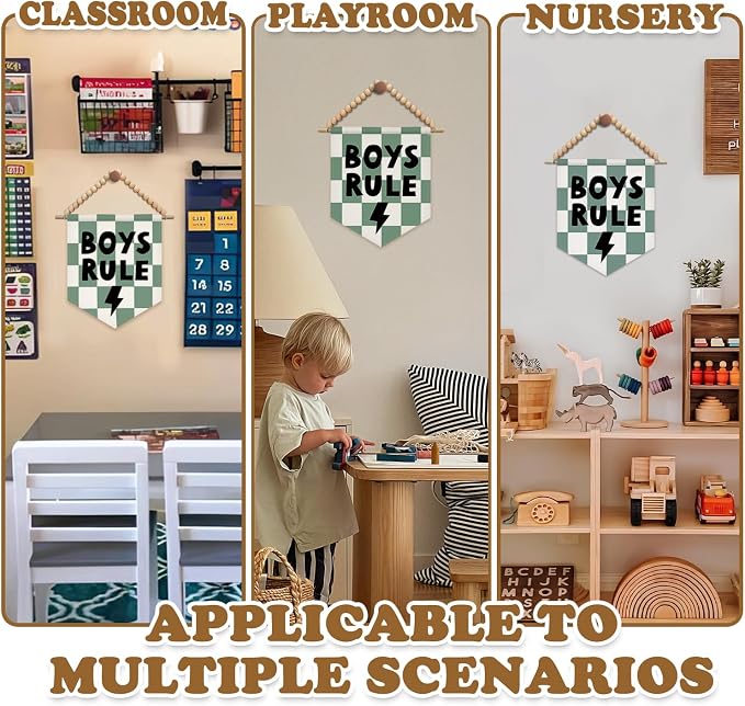 SJDFCSA Boys Room Wall Art Decor, Kids Playroom Decor, Boys Rule Green Checkered Boho Nursery Wall Hanging Display Pennant Flag for Kids Boy Nursery Toddler Room Bedroom Playroom