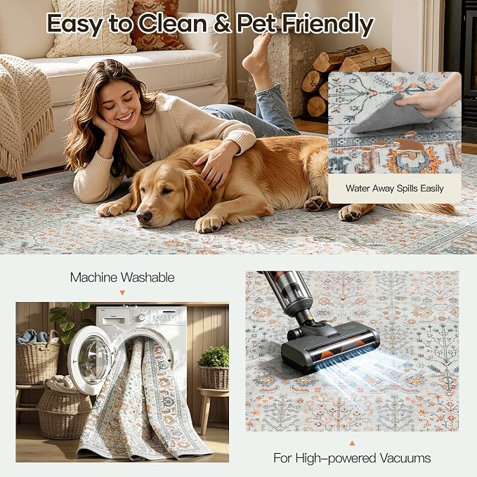 Lofus 9x12 Large Beige Area Rug for Living Room & Bedroom Washable Non-Slip | Soft Boho Vintage Area Rugs for Bedroom Dinning Room Home Office Indoor