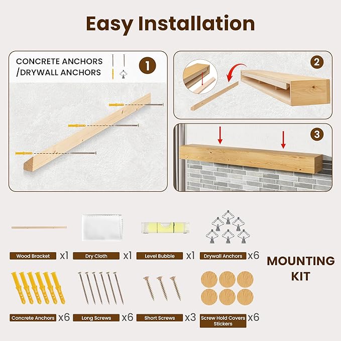 Acovy Floating Fireplace Mantel Shelves, 72x8x5 Inches Natural Wooden Floating Shelf for Over Fireplace, Wall-Mounted Mantel Shelf for Living Room and Home Decor, Rustic Natural