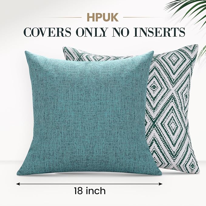 HPUK Throw Pillow Covers 18x18 Inch Set of 4, Linen Decorative Pillow Covers, Accent Cushion Covers for Couch Sofa Bed Bedroom Living Room Décor, Aqua Blue
