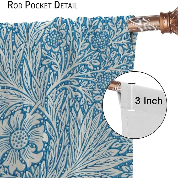 Bohe Vintage Floral Blackout Windows Curtains, William Morris Original Design Blue Flower Pattern Rod Pocket Curtains, for Living Room Bedroom 21(W)*54(L) 2 Panels