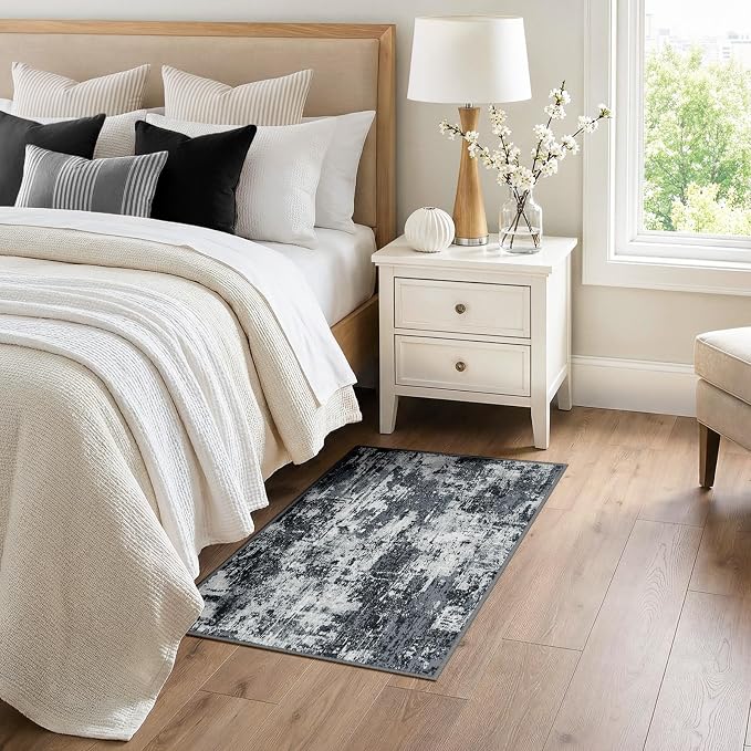 RELEANY Washable Area Rugs 3x4 Non-Slip Modern Abstract Soft for Living Room Entryway Bedroom Kitchen, Print Pattern, Black Navy Blue Gray