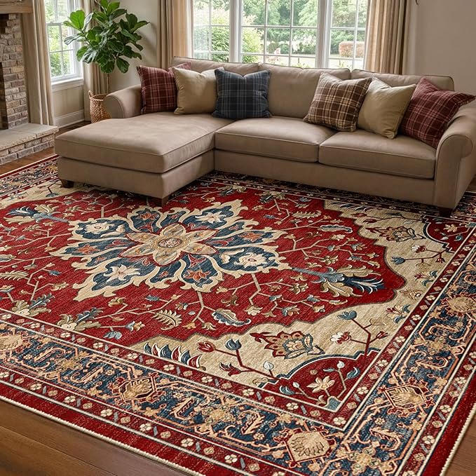 RELEANY Area Rugs 7'x10' Washable Non-Slip, Floral Vintage Distress Medallion Carpet for Living Room Bedroom Dining Room, Red Blue
