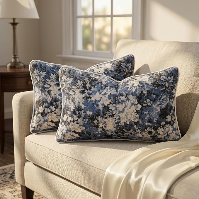 Vintage Floral Throw Pillow Covers 12x20 Inches Set of 2 Lumbar Boho Farmhouse Pillow Cases Premium Chenille Textured Decorative Cushion Covers for Couch Retro Garden Farmhouse Style Blue