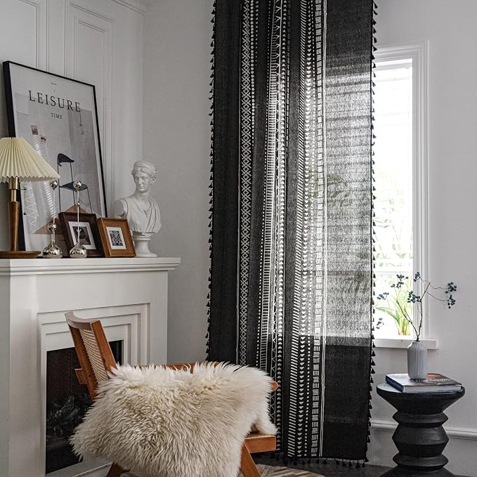 ColorBird Boho Curtains Black for Bedroom Room Darkening 84 Inches 2 Panles Farmhouse MCM Western Striped Aztec Window Treatment Patterned Drapes for Living Dining Room Closet Boho Chic Decor