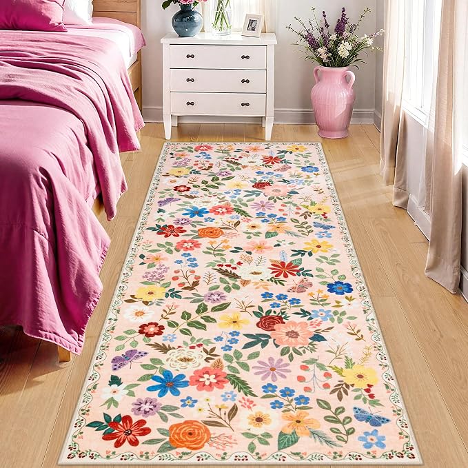 Runner Rug for Entryway: 2x6 Kitchen Rugs Non Slip Washable Ultra-Thin Soft Floral Carpet Indoor Floor Stain Resistant Carpets for Hallway Bedroom Kitchen Laundry Bathroom Dorm Beige