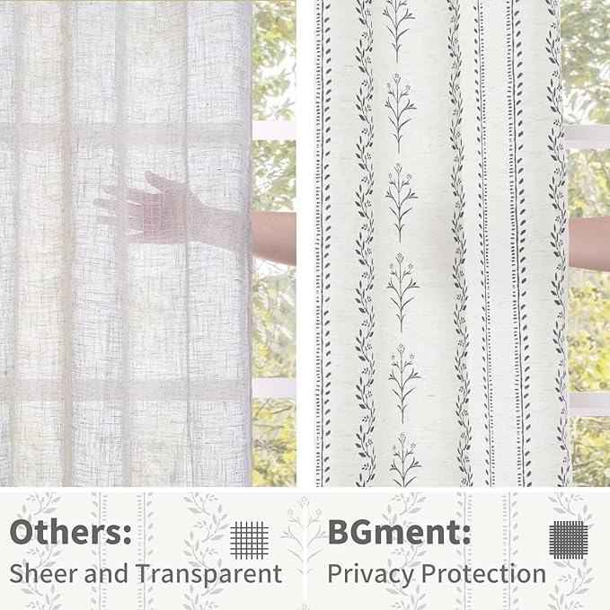 BGment Boho Curtains for Living Room 2 Panels, Grey Farmhouse French Country Vintage Floral Botanical Cottage Core Light Filtering Semi Sheer Linen Curtains 84 Inches Long, Each Panel 52 Inches Wide