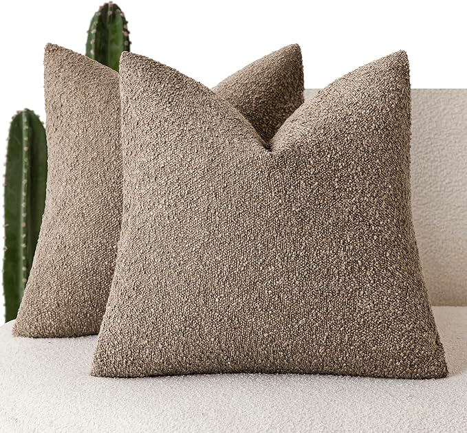 Foindtower Set of 2, Decorative Textured Boucle Throw Pillow Covers Accent Solid Pillow Cases Neutral Soft Cozy Couch Cushion Case for Chair Sofa Bedroom Living Room Home Decor 16x16 Inch Light Brown