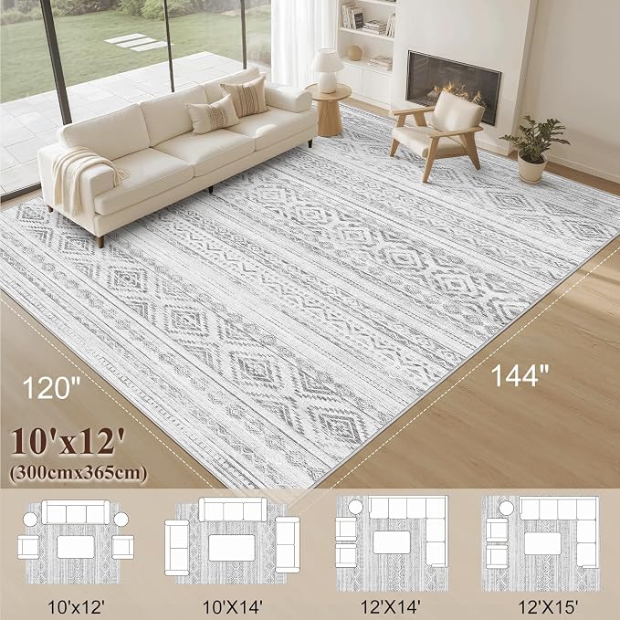 cotiled 10x12 Area Rugs Living Room Rug: Washable Boho Rugs with Non Slip Backing Large Soft Indoor Stain Resistant Carpet for Bedroom Farmhouse Dining Room Lightweight Home Decor Light Grey