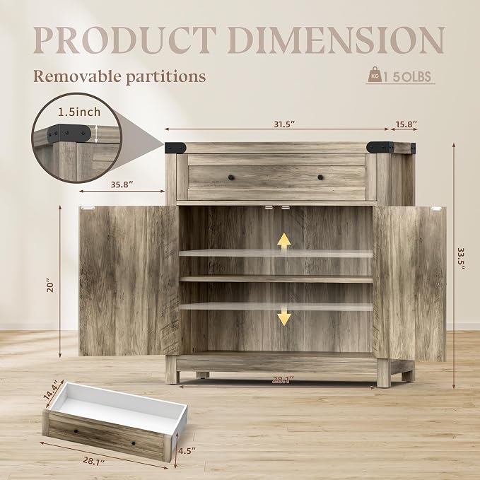YESHOMY Coffee Bar and Accent Cabinet, Farmhouse Barn Door Buffet Sideboard with Drawer and Adjustable Shelf, Wide Desktop for Kitchen, Dining Room, Bathroom, Entryway, Oak