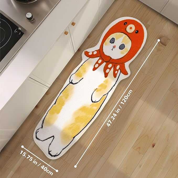 Cat Rugs, 1.3' X 3.9' Small Cute Irregular Shaped Rug for Bedroom Bathroom Room, Funny Cartoon Pet Area Carpet Kid Rugs, Cat Decor Dog Shaped Pet and Children Entryway Runner Rug (E Octopus Cat)