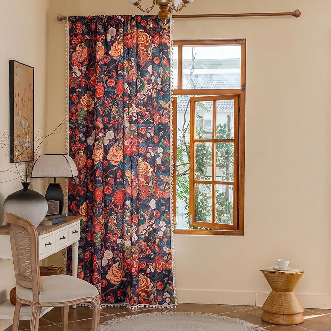 OYX Boho Floral Curtains 96 Inch, Linen Farmhouse Flower Drapes with Lace & Tassels, Light Filtering Semi Sheer Curtains for Living Room Bedroom, 2 Panels